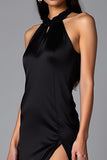 Simple Black Sheath Halter Long Formal Dress with Slit