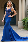 Royal Blue Appliques Spaghetti Straps Sheath Prom Dress