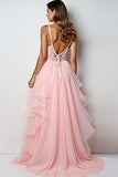 Blush Pink A Line Spaghetti Straps Long Prom Dress With Ruffles