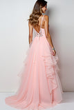 Blush Pink A Line Spaghetti Straps Long Prom Dress With Ruffles