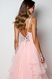 Blush Pink A Line Spaghetti Straps Long Prom Dress With Ruffles