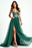 Sparkly Dark Green A Line Sequin Sweetheart Long Prom Dress With Slit