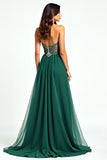 Sparkly Dark Green A Line Sequin Sweetheart Long Prom Dress With Slit