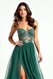 Sparkly Dark Green A Line Sequin Sweetheart Long Prom Dress With Slit