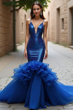 Sparkly Royal Blue Mermaid Spaghetti Straps Long Prom Dress With Ruffles