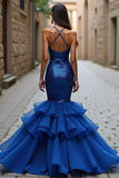 Sparkly Royal Blue Mermaid Spaghetti Straps Long Prom Dress With Ruffles