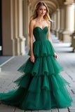 Sparkly Dark Green Strapless Ruffles Tulle Ball Gown Prom Dress with Sequins