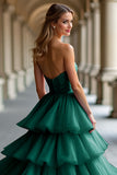 Sparkly Dark Green Strapless Ruffles Tulle Ball Gown Prom Dress with Sequins