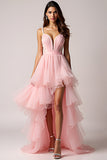 Blush Pink A-Line Spaghetti Straps Ruffles Pleated Tulle High-Low Prom Dress