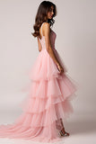 Blush Pink A-Line Spaghetti Straps Ruffles Pleated Tulle High-Low Prom Dress