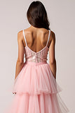 Blush Pink A-Line Spaghetti Straps Ruffles Pleated Tulle High-Low Prom Dress