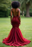 Sparkly Burgundy Mermaid Sweetheart Long Prom Dress with Sequins