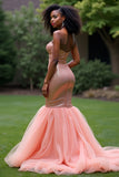 Blush Pink Mermaid Strapless Sequins Long Prom Dress with Slit