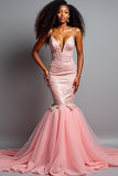 Blush Pink Mermaid Spaghetti Straps Tulle Long Prom Dress with Appliques