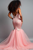 Blush Pink Mermaid Spaghetti Straps Tulle Long Prom Dress with Appliques