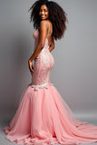 Blush Pink Mermaid Spaghetti Straps Tulle Long Prom Dress with Appliques