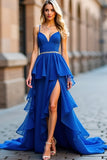 Royal Blue A-Line Spaghetti Straps Ruffles Beading Long Prom Dress with Slit