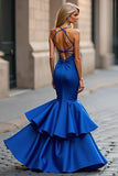 Royal Blue Mermaid Spaghetti Straps Ruffles Satin Long Prom Dress with Beading