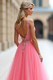 Pink Deep V Neck Tulle Prom Dress with Appliques