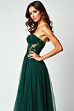 Dark Green A Line Strapless Lace Slit Long Prom Dress