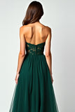 Dark Green A Line Strapless Lace Slit Long Prom Dress