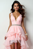 Blush Pink A-Line Deep V Neck Ruffles Hi-Low Prom Dress