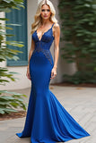 Sparkly Royal Blue Sheath Spaghetti Straps Long Prom Dress With Lace Appliques