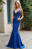 Sparkly Royal Blue Sheath Spaghetti Straps Long Prom Dress With Lace Appliques