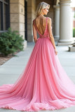 Pink Tulle V-Neck A-Line Ruched Long Wedding Guest Dress