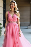 Pink Tulle V-Neck A-Line Ruched Long Wedding Guest Dress