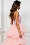 Blush Pink A-Line Spaghetti Straps Ruffled Tulle Long Prom Dress with Appliques