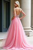 Pink A-Line Spaghetti Straps Tulle Long Prom Dress with Beading