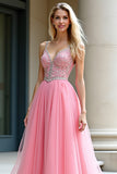 Pink A-Line Spaghetti Straps Tulle Long Prom Dress with Beading