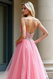 Pink A-Line Spaghetti Straps Tulle Long Prom Dress with Beading