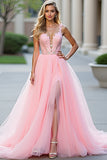 Glitter Blush Pink A-Line Deep V Tulle Appliques Long Prom Dress with Slit