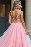 Glitter Blush Pink A-Line Deep V Tulle Appliques Long Prom Dress with Slit