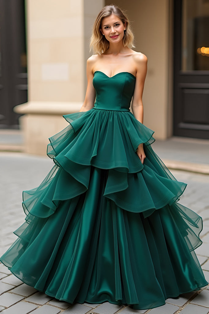 ZAPAKA Women Dark Green Long Prom Dress A-Line Strapless Ruffles Tulle ...