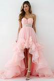 Glitter Blush Pink A-Line Strapless Ruffles High-Low Ruched Prom Dress with Beading