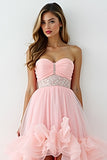 Glitter Blush Pink A-Line Strapless Ruffles High-Low Ruched Prom Dress with Beading