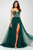 Sparkly Dark Green A Line Sequin Long Prom Dress With Slit