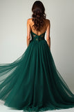 Dark Green A Line Sweetheart Strapless Tulle Long Prom Dress with Slit