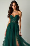 Dark Green A Line Sweetheart Strapless Tulle Long Prom Dress with Slit