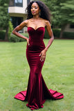 Simple Burgundy Mermaid Strapless Long Prom Dress