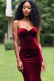 Simple Burgundy Mermaid Strapless Long Prom Dress