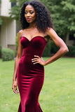 Simple Burgundy Mermaid Strapless Long Prom Dress