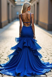 Royal Blue Mermaid Spaghetti Straps Ruffled High-Low Prom Dress with Beading