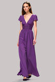 Purple V-Neck Ruched Long Wedding Guest Dress with Short Sleeves