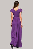 Purple V-Neck Ruched Long Wedding Guest Dress with Short Sleeves