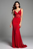 Red Spaghetti Straps Mermaid Appliqued Long Prom Dress