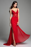 Red Spaghetti Straps Mermaid Appliqued Long Prom Dress